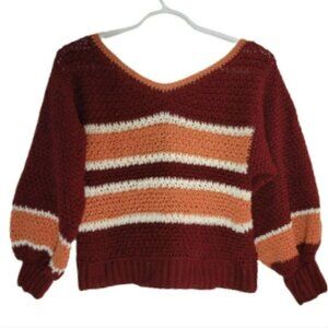 Hand made crochet sweater big balloon sleeve, burgundy,  rust ans offwhite  stri